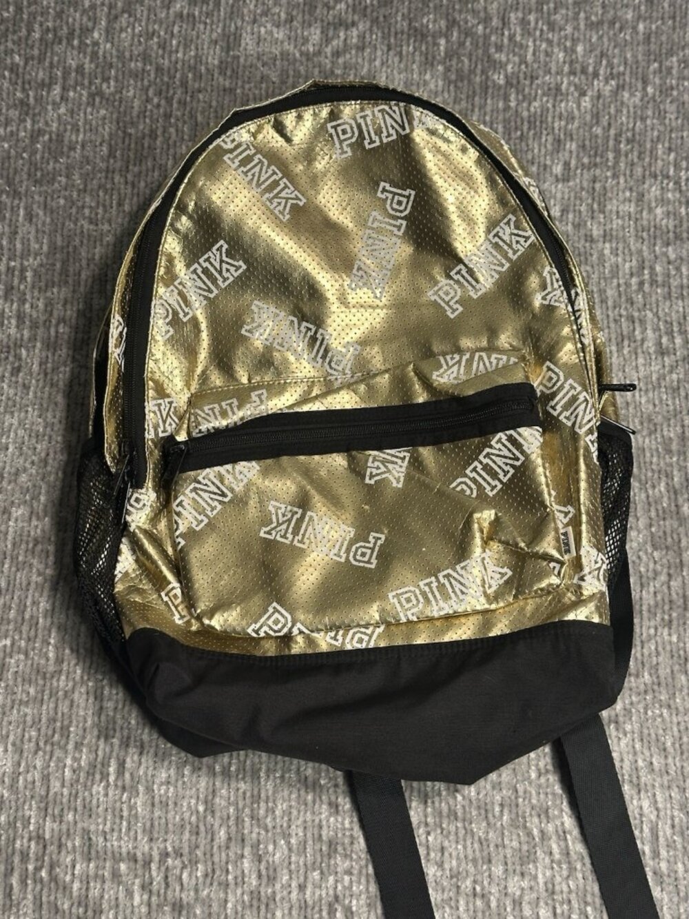 Victorias Secret Pink GRAPHIC Logo Gold Foil Bling Campus Backpack Book Bag